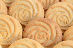 Close-up of a large number of round cookies with coconut filling photo