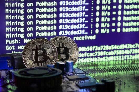 Two bitcoins lies on a videocard surface with background of screen display of cryptocurrency mining by using the GPUs photo