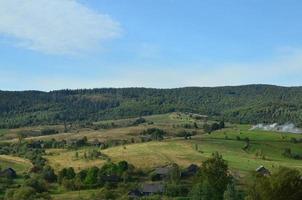 Photo of the Carpathian Mountains, which have a lot of coniferous trees. Forest and mountain landscape in the early autumn season