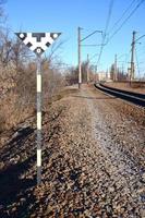 Railroad sign with the railway background photo