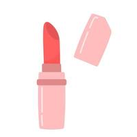 Red lipstick in pink tube. Hand drawn makeup product in cartoon style. Vector illustration isolated on white background.