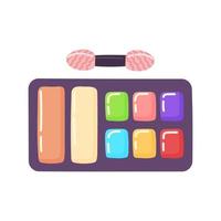 Eyeshadow palette in bright colors with brush applicator. Hand drawn compact makeup product. Top view makeup box isolated on white background. Vector illustration.