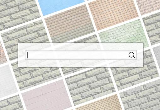 visualización de la barra de búsqueda en el fondo de un collage de muchas imágenes con fragmentos de paredes de ladrillo de diferentes colores en primer plano. conjunto de imágenes con variedades de ladrillo foto