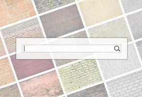 Visualization of the search bar on the background of a collage of many pictures with fragments of brick walls of different colors close-up. Set of images with varieties of brickwork photo