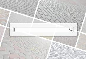 Visualization of the search bar on the background of a collage of many pictures with fragments of paving tiles close-up. Set of images with pavement stone photo