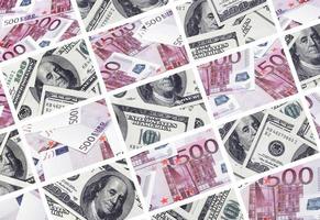 A collage of many images of euro banknotes in denominations of 100 and 500 euros lying in the heap photo