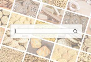 Visualization of the search bar on the background of a collage of many pictures with various sweets close-up. A set of images with varieties of biscuits, bagels and candies photo