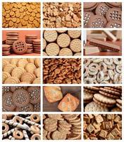 A collage of many pictures with various sweets close-up. A set of images with varieties of biscuits, bagels and candies photo