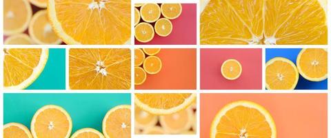 A collage of many pictures with juicy oranges. Set of images with fruits on backgrounds of different colors photo