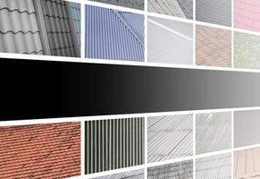 A collage of many pictures with fragments of various types of roofing close up. A set of images with roof coating textures photo