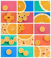 un collage de muchas fotos con jugosas naranjas. conjunto de imágenes con frutas sobre fondos de diferentes colores