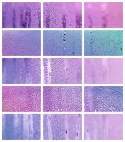 A collage of many different fragments of glass, decorated with rain drops from the condensate. Purple and violet tones photo