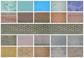 A collage of many pictures with fragments of brick walls of different colors close-up. Set of images with varieties of brickwork photo