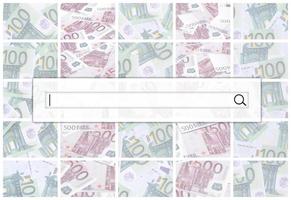 The search string is located on top of collage of many images of hundreds of dollars and euro bills lying in a pile photo