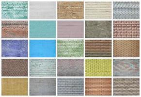 A collage of many pictures with fragments of brick walls of different colors close-up. Set of images with varieties of brickwork photo