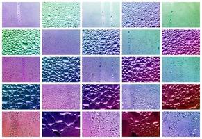A collage of many different fragments of glass, decorated with rain drops from the condensate. Purple and violet tones photo