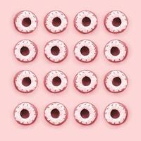 Many small plastic donuts lies on a pastel colorful background. Flat lay minimal pattern. Top view photo