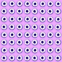 Many small plastic donuts lies on a pastel colorful background. Flat lay minimal pattern. Top view photo