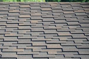 Modern roofing and decoration of chimneys. Flexible bitumen or slate shingles photo