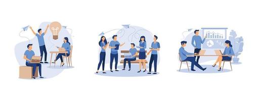 working together in the company, search friends, workers are sitting at the negotiating table, set flat vector modern illustration