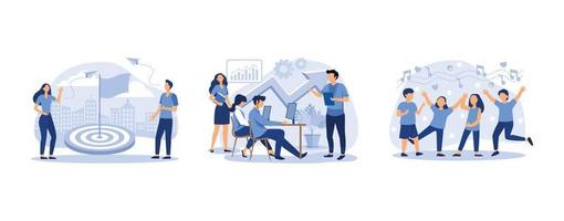 a group of children dancing and having fun to music, prepare a business project start up, a businessman in the center with a flag, set flat vector modern illustration