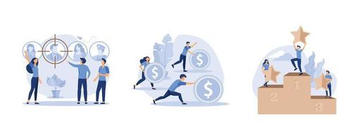 small people are happy to have a winner,  coins in motion, employee choice, set flat vector modern illustration