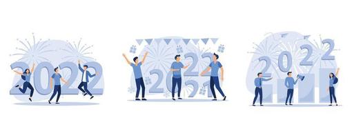 the path to success in the new year 2022,  the inscription New Year 2022 replaces 2021, little people are preparing for the New Year, set flat vector modern illustration