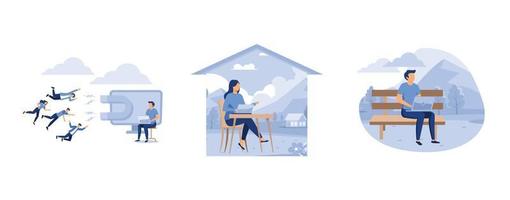 attracting and attracting customers with a magnet, girl student graduate sitting at home, the man is working on the development of the idea, set flat vector modern illustration