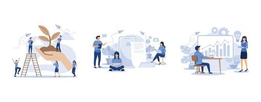 in the big hand the earth with a plant, information search, an employee engaged in the construction of columns of graphs, set flat vector modern illustration