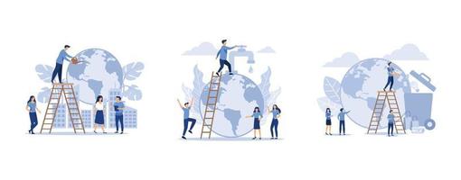 saving the planet,  save energy and water,  an employee engaged in recycling garbage, set flat vector modern illustration