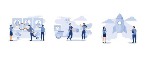 hiring employees, online shopping, cohesive teamwork in the startup, set flat vector modern illustration