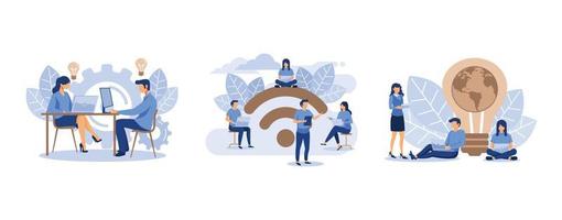 Internet assistant at work, public free wireless connection wireless point Wi-Fi,  save energy and planet, set flat vector modern illustration