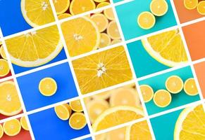 A collage of many pictures with juicy oranges. Set of images with fruits and different colors photo