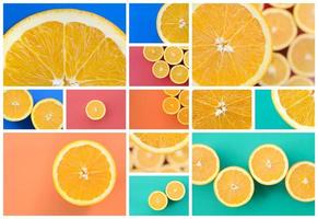 A collage of many pictures with juicy oranges. Set of images with fruits and different colors photo