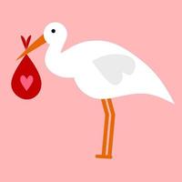 The stork holds the baby in its beak. Isolated on a pink background. Great for love logo vector