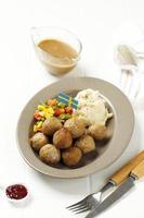 Swedish Meatballs with Mashed Potato, Mushroom Sauce, Boiled Stir Fry Vegetable photo