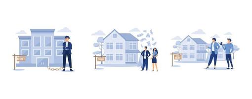 Buying and choosing housing, decline in real estate sales, icon rental of cars and rental of houses, set flat vector modern illustration
