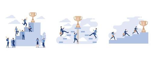 los hombres de negocios suben la escalera hasta la meta en forma de una copa de oro, los hombres de negocios de ttree suben la escalera hasta la meta en el trofeo en el cielo, el equipo corre hacia la cima, establece una ilustración moderna de vector plano