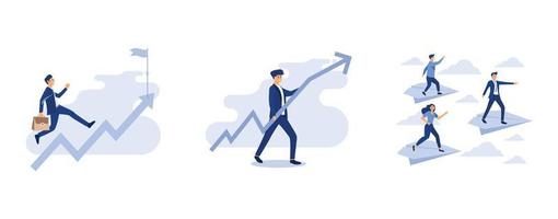 people fly up towards the target, businessman runs with increasing graph arrow, businessman balancing on the paper planes searching for business opportunity, set flat vector modern illustration