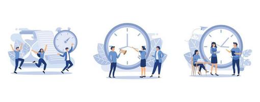 los tiempos son dinero, la gente que trabaja con fecha límite con un gran concepto de reloj, el concepto de gestión del tiempo de trabajo, establece una ilustración moderna de vector plano