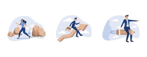 a strong businesswoman brings a big stone, businessman enjoying rising graphic, man designer flies astride pencil and looks for creative ideas, set flat vector modern illustration
