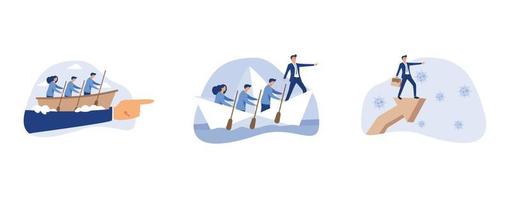 business people team members sailing ship on boss pointing direction, teamwork or support to achieve target, post pandemic vision, set flat vector modern illustration