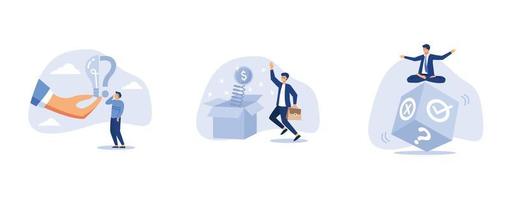 solving problem or business solution, surprise money or reward, businessman meditate on rolling dice think of result of right, wrong or question mark, set flat vector modern illustration
