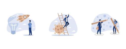 innovación para lanzar una nueva idea, líder de negocios sosteniendo un telescopio en la parte superior de la escalera sobre el patógeno del coronavirus, distanciamiento social, establecer una ilustración moderna de vector plano