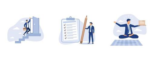 Open new opportunity door, confident businessman standing with pencil after completed all tasks checklist,  professional advisor or consultant, set flat vector modern illustration