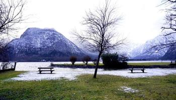 Scene of Hallstatt lake and green grass field outdoor and bench for relaxing photo