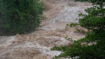 catarata de cascada en las montañas del bosque. arroyos sucios fluyen por las laderas de las montañas del bosque de montaña después de fuertes lluvias en tailandia. inundación del río, enfoque selectivo. video