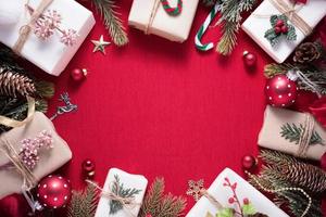 Merry Christmas and Happy New Year decoration for celebration on red cloth background with copy space photo