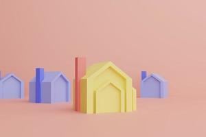 4 residential houses on yellow background, house selection, housing selection, finding a home, 3d illustration with soft light photo