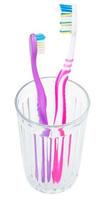adult and children tooth brushes in glass photo